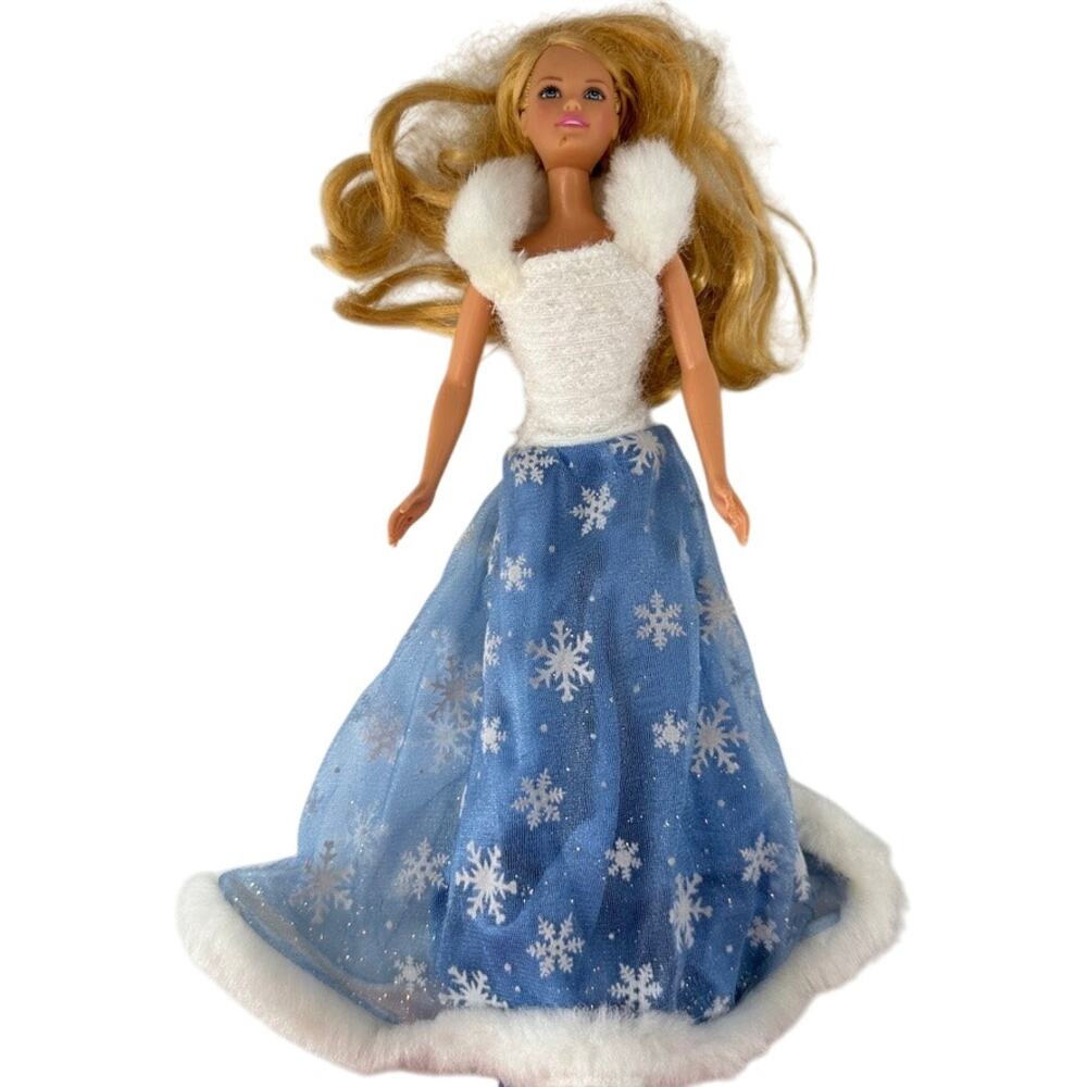 Barbie Doll in Blue Snowflake Winter Gown with White Fur Trim